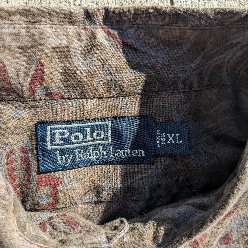 Vintage 90s Polo Ralph Lauren Safari Paisley Shirt XL Earth Tone Cotton Ink Wash